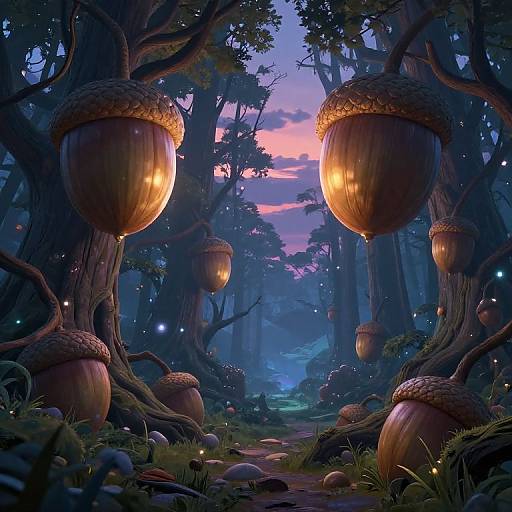 Digital fantasy artwork of a mystical forest at twilight, featuring glowing, lantern-like acorns hanging from twisted trees, surrounded by bioluminescent fireflies
