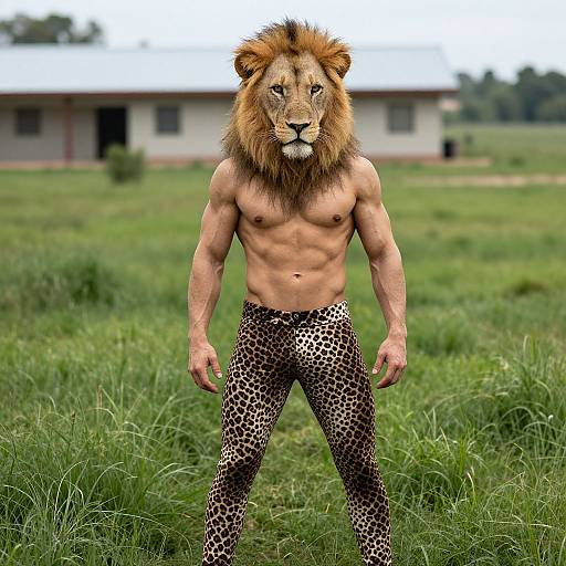 Photograph of a muscular male lion with human-like body, wearing leopard-print pants, standing in a grassy field with a blurred building in the background