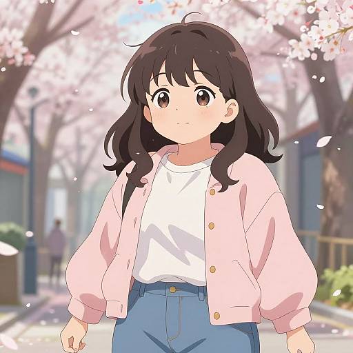 Anime-style digital drawing of a cute, brown-haired girl in a pink cardigan and blue jeans, walking under cherry blossom trees.