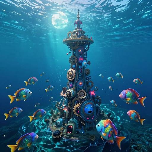 Surreal Floating Tower with Living Machinery