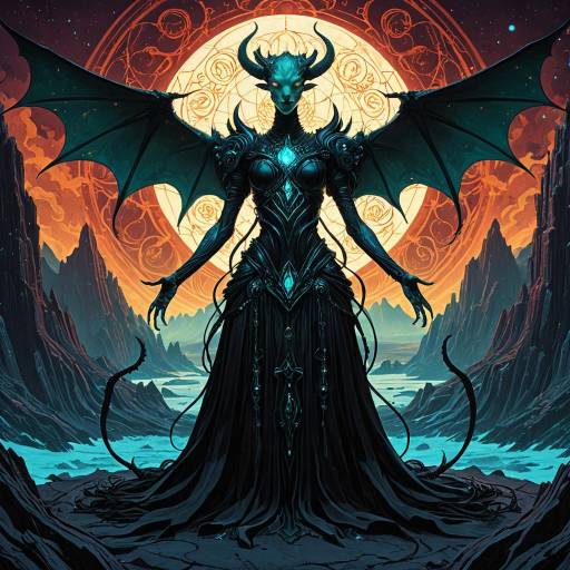 Jet Black Cyber Demon with Wings in Alien Landscape