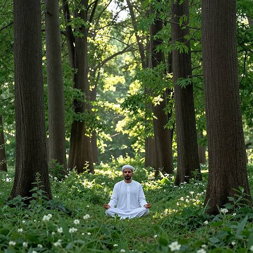 Photograph of an Indian man with a beard, wearing a white kurta, meditating cross-legged in a sunlit, dense forest. Tall trees