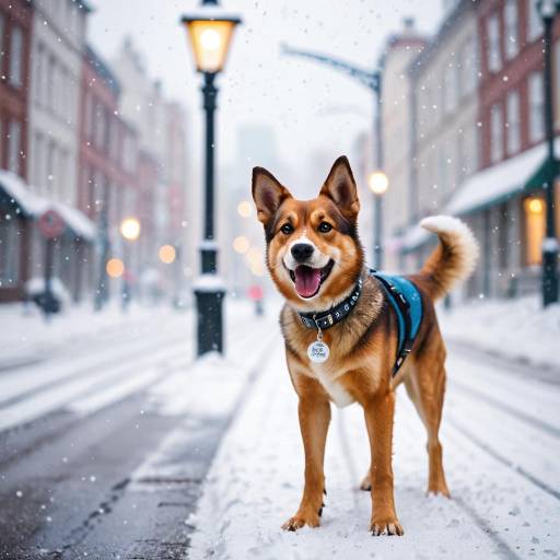 Happy Dog Standing on Snowy Urban Street