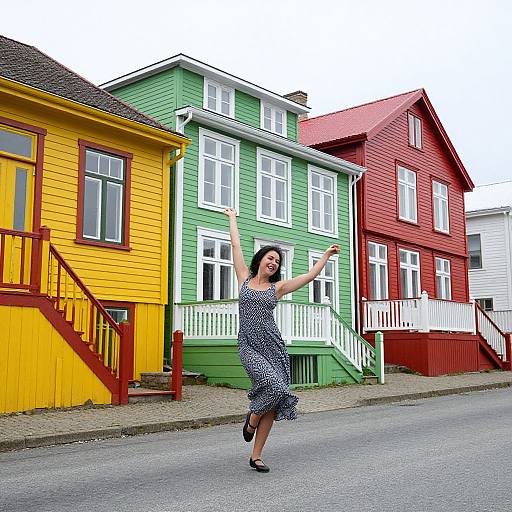 Photograph of a joyful Asian woman in a blue polka dot dress, dancing on a street in front of colorful, wooden, two-story houses in