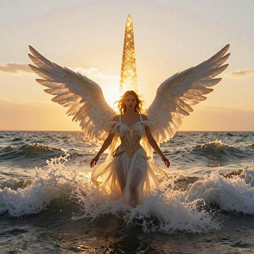Angel-like woman with large white wings, golden necklace, and white dress stands in ocean waves at sunset, sunbeam behind her. (Photograph)