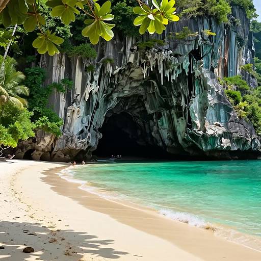 Photograph of a tropical beach with turquoise water, white sand, and a large, dark cave entrance in a rocky cliff. Lush greenery and