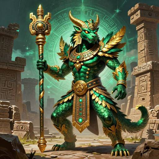 Digital art of a muscular, green-scaled dragon warrior with golden armor and ornate staff, standing in a ruined, ancient temple.