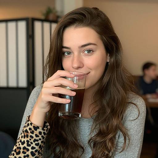 Photograph of a young woman with long brown hair, wearing a gray sweater with leopard print sleeves, sipping a dark drink, in a softly lit