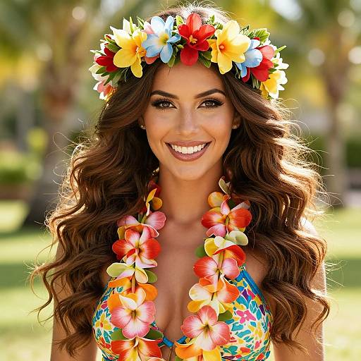 Photograph of a smiling woman with long brown wavy hair, wearing a colorful floral bikini and flower crown, set in a sunlit outdoor garden.
