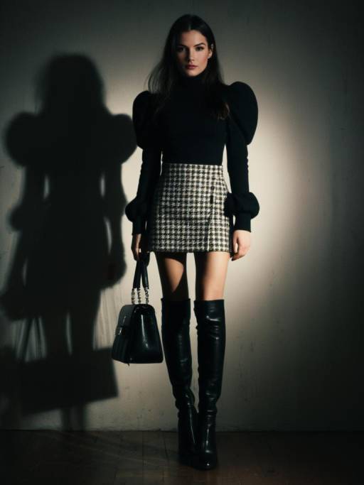 Chic Woman in Black Puff Sleeve Top and Houndstooth Skirt