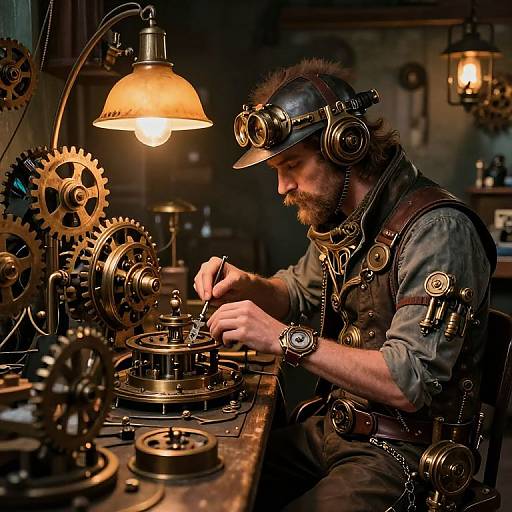 Steampunk inventor in goggles and leather apron, meticulously assembling brass gears under warm, vintage lamp in dimly lit workshop. Photorealistic digital
