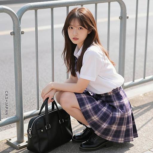 Asian woman in school uniform squatting by railing