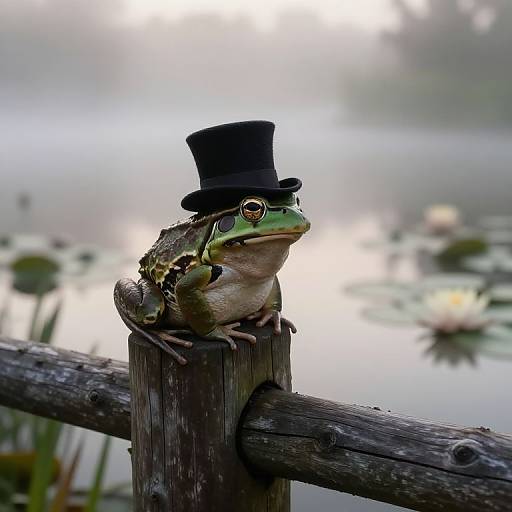 Photorealistic Frog on Misty Pond Fence