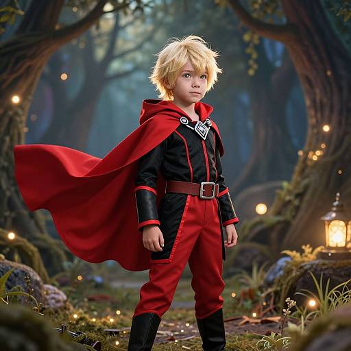 Brave Blonde Boy in Mystical Forest