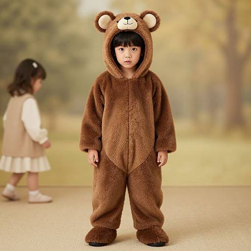Photograph of an Asian toddler in a brown bear costume with bear ears and face, standing in front of a blurred forest background, with another child in