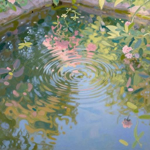 Photograph of a calm pond with ripples, reflecting pink flowers and green leaves, surrounded by overhanging foliage. Sunlight creates a bright,