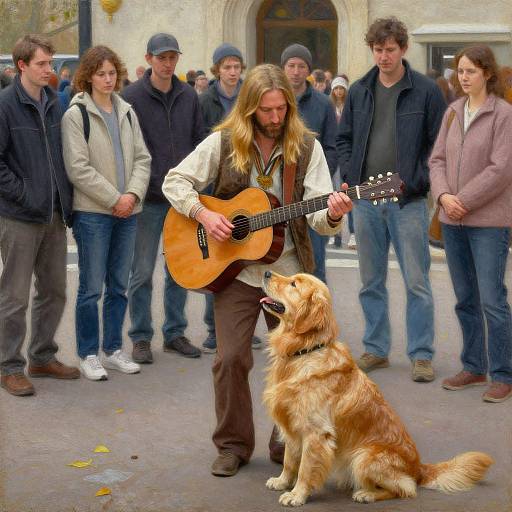 Hippie Man Playing Guitar with Dog