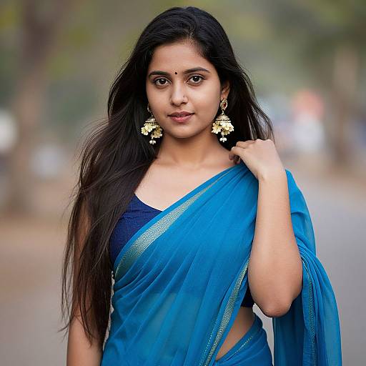 Photograph of a beautiful Indian woman with long black hair, wearing a blue saree, gold floral earrings, and a bindi, standing outdoors with