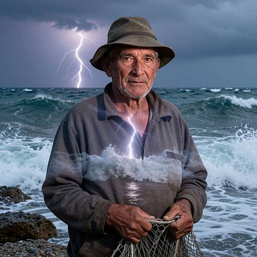Photograph of an elderly man with weathered skin, gray hat, and dark shirt, standing on a rocky beach during a lightning storm, holding a
