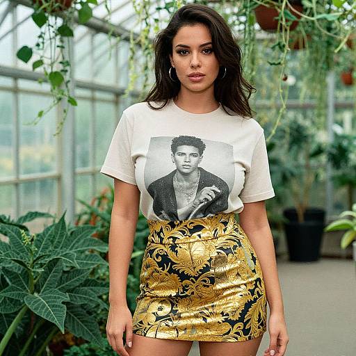 Photograph of a curvy woman with long dark hair, wearing a white graphic tee and gold floral mini skirt, standing in a greenhouse with lush plants