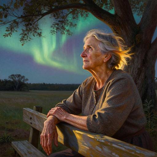 Elderly woman with gray hair, wearing a brown cardigan, gazes at vivid green aurora borealis under a tree, leaning on a