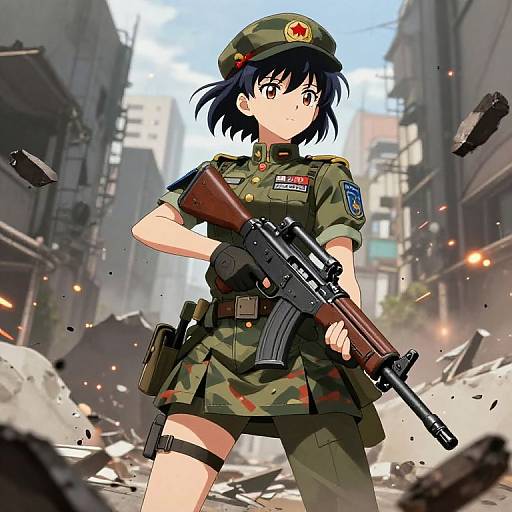 Anime-style drawing of a determined young female soldier in camouflage uniform and cap, holding a rifle, standing amidst a ruined urban street with debris and falling particles