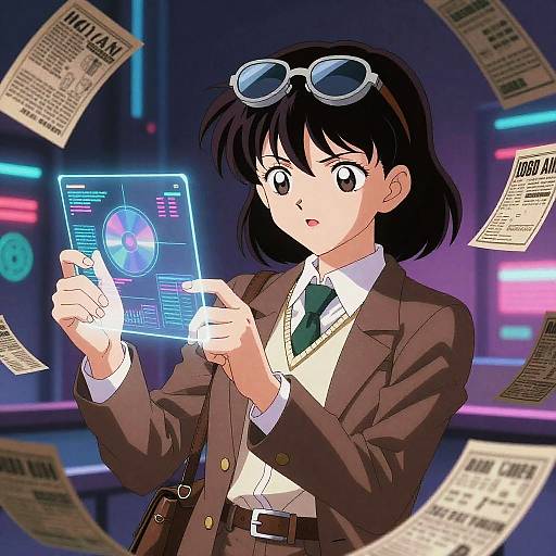 Anime-style drawing of a black-haired girl in a brown suit, white shirt, and green tie, using a holographic screen with floating newspapers in a