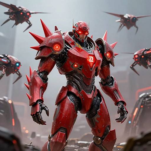 CGI image of a towering, red, spiked, robotic warrior with glowing red eyes, standing amidst a foggy urban battlefield with flying drones.