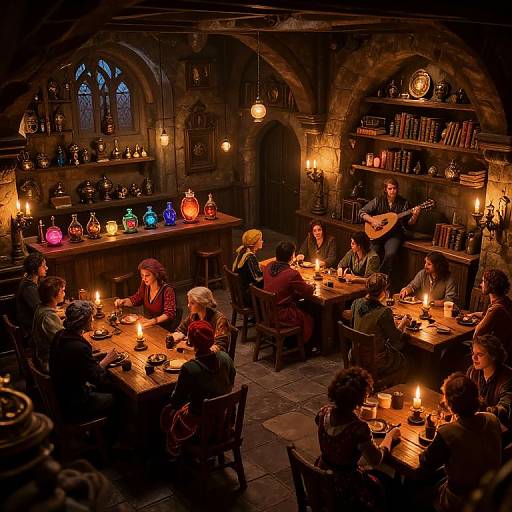 Photograph of a dimly lit medieval tavern with wooden arches, candlelit tables, colorful glassware, and a musician playing guitar for a diverse