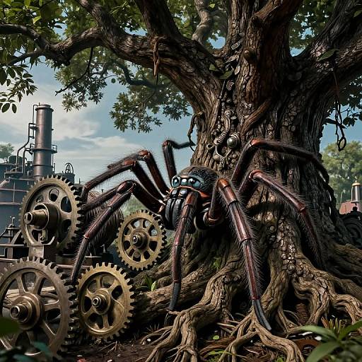 Mechanical spider with large gears and metal limbs, clinging to a massive, gnarled tree in a steampunk forest setting.
