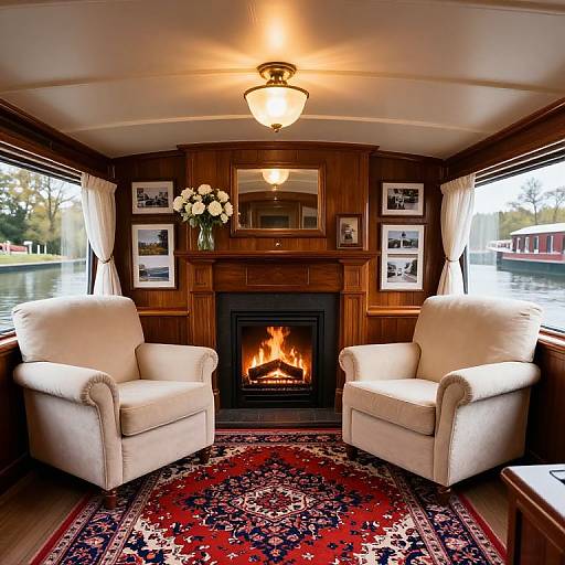 Cozy boat interior with two cream armchairs, lit fireplace, red patterned rug, framed photos, wooden walls, and ceiling light.