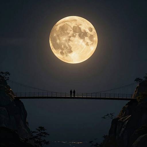 Photograph of a full moon illuminating a silhouetted bridge with two people walking, framed by dark rocky cliffs and trees.