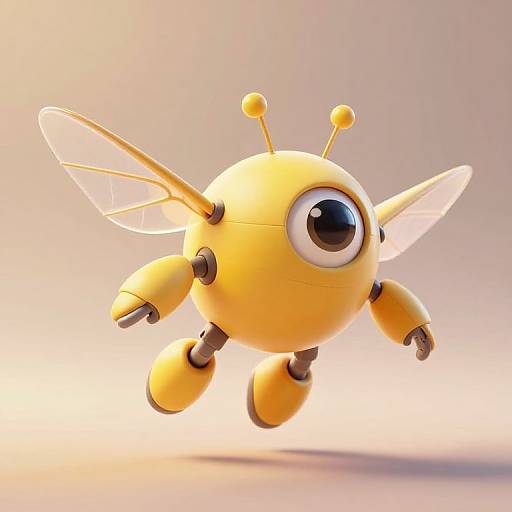 CGI image of a cute, yellow, round, robotic bee with large black eye, two antennae, transparent wings, and metal arms and legs