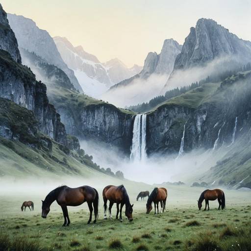 Wild Horses Grazing in Foggy Alpine Valley