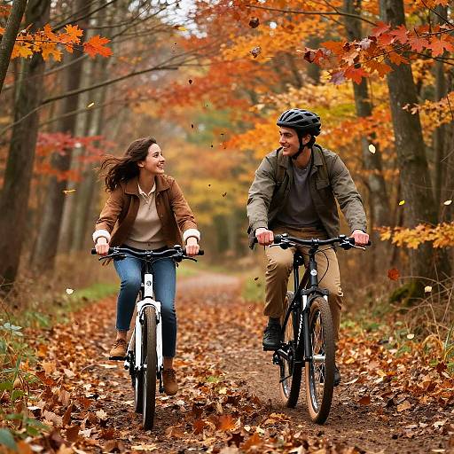 Photograph of a smiling couple biking on a leaf-covered autumn path, surrounded by vibrant orange and red foliage, with falling leaves.