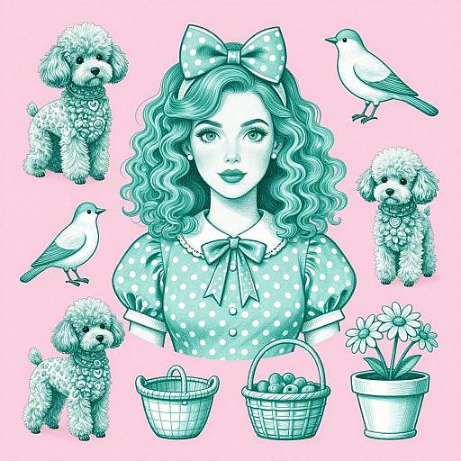 Digital illustration of a curly-haired woman with a bow, polka-dot dress, surrounded by poodles, birds, baskets, and flowers on pink background