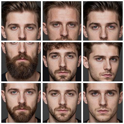 Photographic collage of nine close-up male faces with varying hair colors, styles, and beards, showcasing different facial features and expressions.