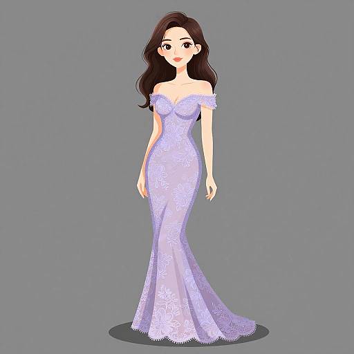 Digital illustration of a fair-skinned woman with long, dark brown hair, wearing an off-shoulder, lavender lace mermaid dress, standing against