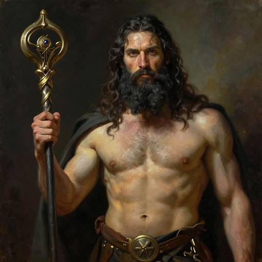 Photorealistic painting of a muscular, bearded man with long black hair, holding a golden staff, wearing a dark cloak and belt with a circular