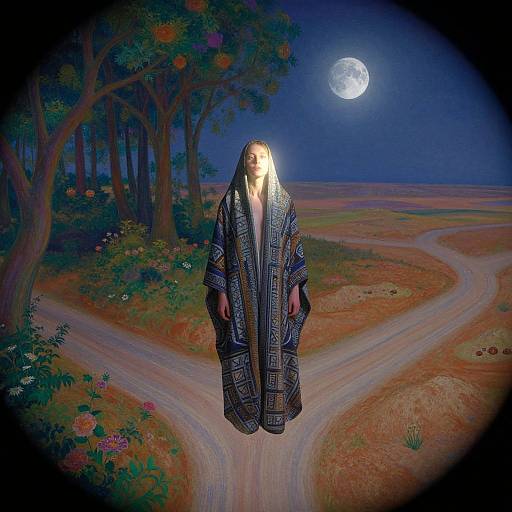Digital artwork of a glowing woman in a patterned robe, floating in a moonlit forest clearing with winding paths and colorful flowers.