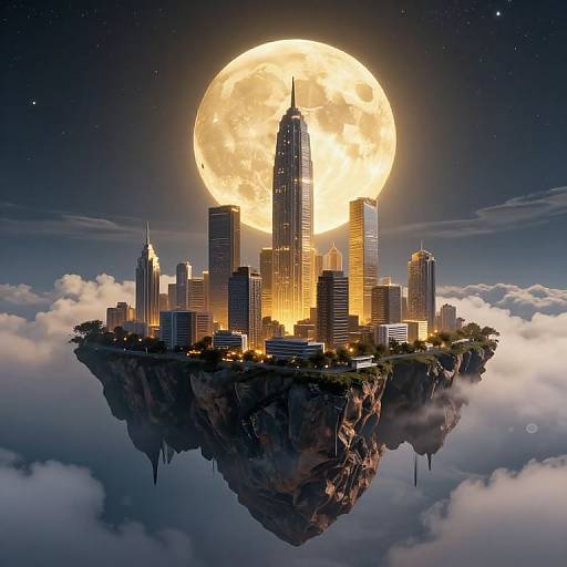 Photorealistic CGI of a floating city with illuminated skyscrapers under a glowing full moon, surrounded by clouds, against a starry night sky.