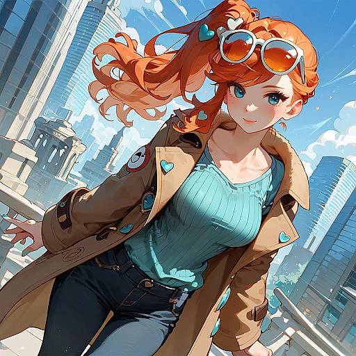 Anime Style Girl with Orange Hair in Cityscape