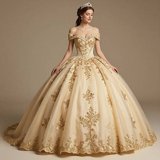 Photograph of a fair-skinned woman in an off-the-shoulder, gold-embroidered ball gown with a full skirt, wearing a