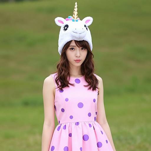 Woman in Polka Dot Dress with Unicorn Hat