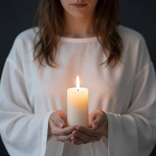 Photograph of a woman with long brown hair in a white long-sleeve shirt, holding a lit white candle against a dark background.