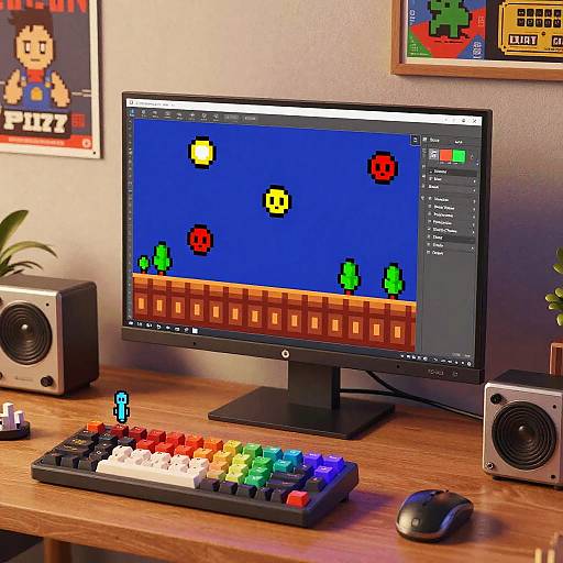 Retro-style computer desk with colorful pixelated game on monitor, multicolored keyboard, mouse, speakers, and pixel art posters on the wall.