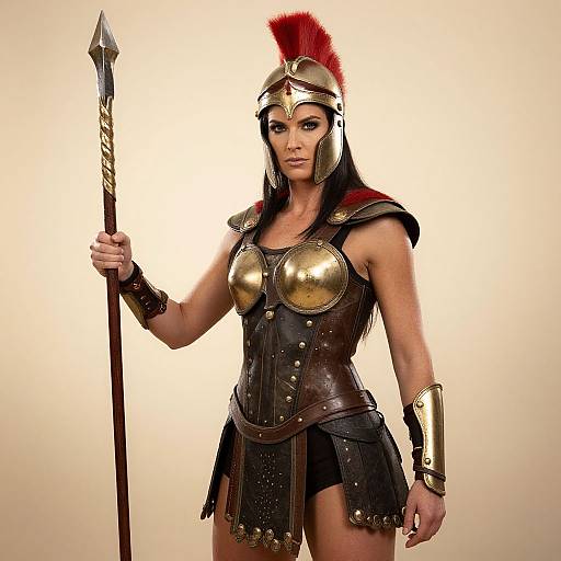 Photograph of a muscular woman in ancient Greek warrior costume, holding a spear. She wears gold armor, black leather skirt, red plume helmet,
