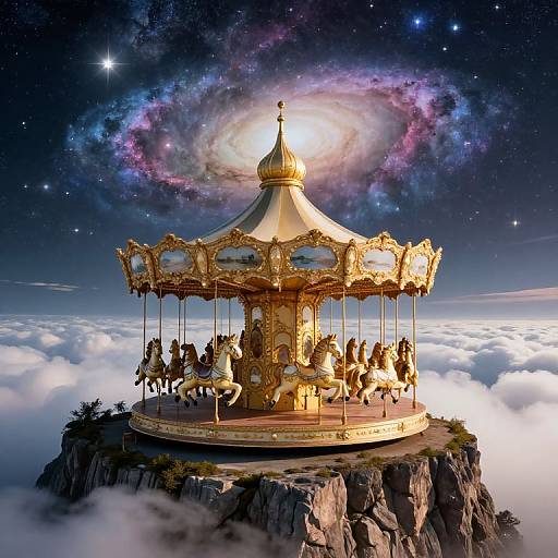 Digital artwork of a golden, ornate carousel with horse figures, atop a rocky cliff, surrounded by clouds, and a starry, galaxy-filled sky