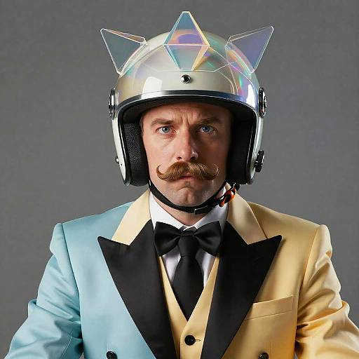 Man in Futuristic Helmet and Flamboyant Suit