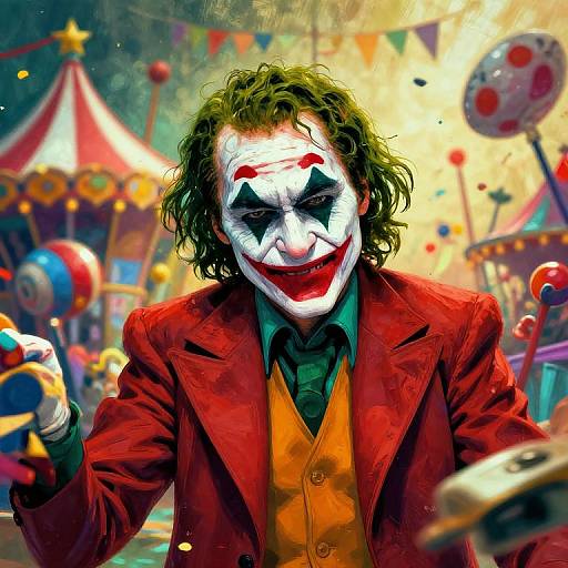 Digital illustration of Joker with green hair, white face paint, red lipstick, and red suit, standing in a colorful carnival background.